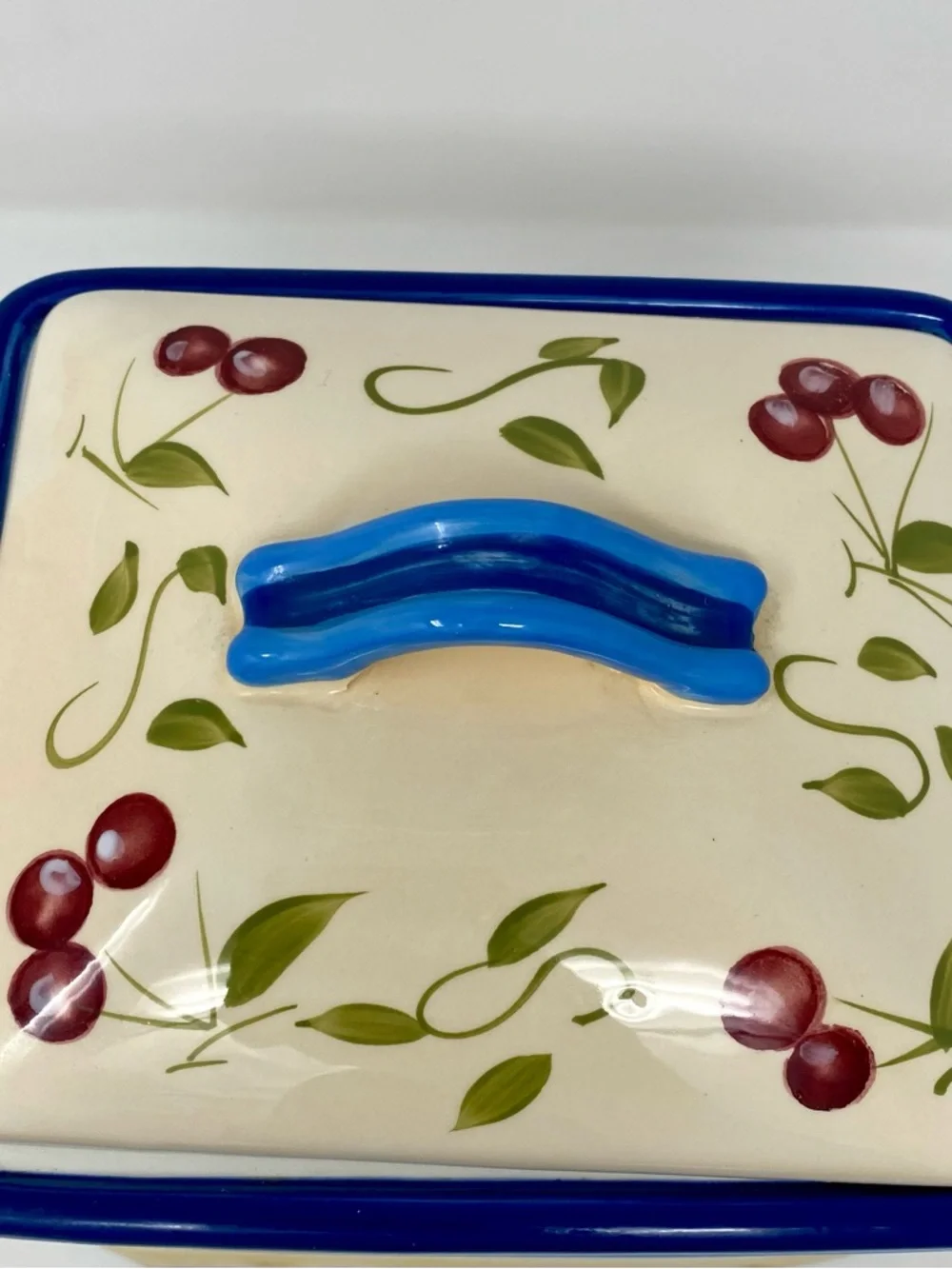 Ceramic Cherry Canister with Blue Trim